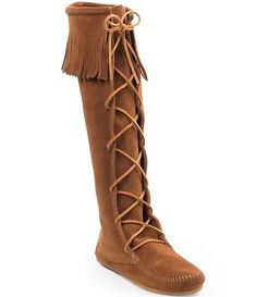 Minnetonka Women's Hardsole Suede Fringe Tall Lace Up Boots | Dillard's Brown Suede Moccasins With Tassels, Brown Suede Moccasins With Fringe, Casual Brown Boots With Tassels, Suede Moccasins With Tassels And Round Toe, Suede Tassel Moccasins With Round Toe, Casual Suede Moccasins With Fringe, High-top Suede Boots With Laces, Fall Suede Moccasins With Rubber Sole, Suede Moccasins With Round Toe For Fall