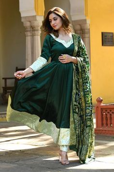 Bottle green anarkali with placement gota embroidery. Paired with a pant and dupatta with bandhani pattern. - Aza Fashions Bottle Green Anarkali, Bandhani Pattern, Gota Embroidery, Green Anarkali, Bottle Green, Silk Embroidery, Pants Pattern, Set For Women, Three Quarter Sleeves