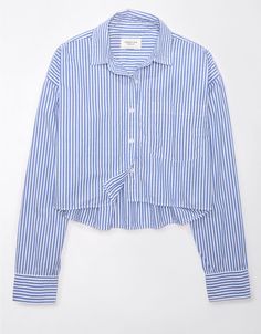 AE Cropped Perfect Button-Up Shirt Blue Shirt Outfits Women, Cropped Button Up Shirt Outfit, Shirt Outfits Women, Button Up Shirt Outfit, Cropped Button Up Shirt, School Interview, Vet School, Ideal Closet, Shirt Outfits