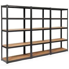 an empty metal shelving unit with wooden shelves