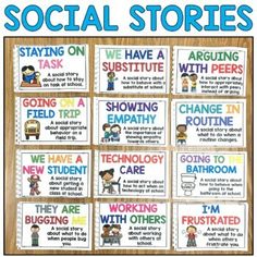 social stories for students to use on their classroom's bulletin boards, with pictures of people