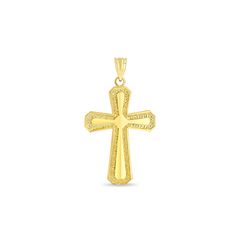 "14k solid gold Cross pendant. measures approx 1 1/2\" by almost 1\". high polish finish." Classic Pendant Jewelry With Shiny Finish, 14k Gold Pendant Jewelry With Shiny Finish, 14k Gold Jewelry With Round Pendant And Shiny Finish, 14k White Gold Jewelry With Large Pendant, Classic 14k Gold Jewelry With Large Pendant, 14k Yellow Gold Cross Jewelry, 14k Yellow Gold Jewelry With Large Pendant, Yellow Gold Cross Necklace With Large Pendant, Formal Cross Necklace With Large Pendant