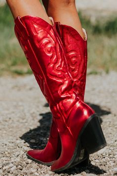 Candy Apple Red Faux Leather Metallic Western Boots | Lime Lush Metallic Western Boots, Red Cowgirl Boots, Western Wardrobe, Coyote Ugly, Red Leather Boots, Lime Lush, Honky Tonk, Black Block Heels, Candy Apple Red