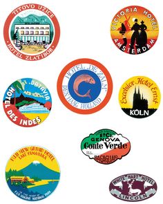 six different stickers with the names of cities and their emblems, all in various colors