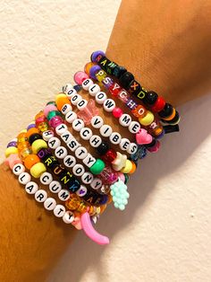 Custom Kandi bracelets! Dirty Kandi Bracelets, Rave Candies Bracelets, Kandi Bracelets Edc, Rave Beads Bracelets, Candi Ideas Rave, Kandi Nails, Unhinged Friendship Bracelets, Rave Kandi Bracelets Ideas, Halloween Kandi Bracelets