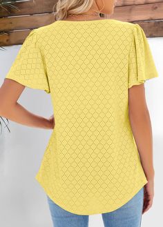 Short Sleeve Solid Color Beach Tops, Non-stretch Short Sleeve Blouse For Beach, Non-stretch Cotton Beach Top, Summer V-neck Hollow Out Top, Yellow Stretch V-neck Blouse, Non-stretch Solid Color Beach Top, Non-stretch Crew Neck Top For Beach, Yellow Stretch Solid Color Top, Fitted Solid Color Beach Top