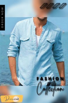 Spring/summer Mens Long Sleeve Casual Loose Soft Shirts Linen Casual Collar Summer Tops With Pockets, Casual Collar Tops With Pockets For Beach, Summer Tops With Pockets And Casual Collar, Summer Long Sleeve Tops With Pockets, Beach Tops With Pockets And Casual Collar, Summer V-neck Shirt With Pockets, Cotton Tops With Pockets For Beach Season, Summer Tops With Pockets, Summer Tops With Pockets For Beach Season