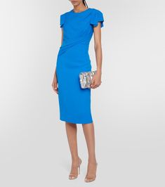 Gathered Midi Dress in Blue - Roland Mouret | Mytheresa Office Ruched Midi Length Dresses, Fitted Sheath Midi Dress With Ruched Bodice, Spring Formal Bodycon Dress With Ruched Bodice, Formal Midi Bodycon Dress With Ruched Bodice, Office Midi Dress With Ruched Detail, Evening Sheath Dress With Ruched Bodice, Cocktail Sheath Dress With Ruched Bodice, Knee-length Ruched Midi Dress For Office, Formal Knee-length Bodycon Dress With Ruched Bodice