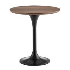 a round wooden table with black metal base and an oak top, on a white background