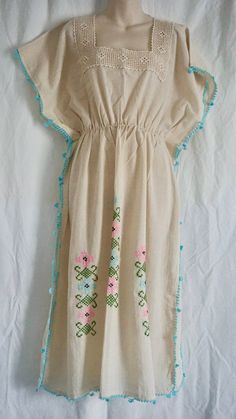 One Size.This is an Authentic Turkish hand sewed loose flowy women summer dress made with 100% cotton. Made from a special handmade garment in Turkey for over 150 years called "Sile Bezi".  + It's a long loose flowy beige dress with small pink and light blue Turkish flower motifs.  + It has a stretchable waist for comfort and look + For best fit please see below for fit measurements + Please note that the dress comes with special washing instructions. It's perfect for hot summer days. It's very Handmade Spring Dress For Beach Cover-up, Handmade Dress For Spring Beach Cover-up, Blue Summer Dress With Natural Dye, Handmade Tunic Summer Dress, Handmade Summer Tunic Dresses, Handmade Tunic Dresses For Summer, Spring Beach Cover-up Dress With Natural Dye, Natural Dye Dress For Spring Beach Cover-up, Spring Natural Dye Beach Cover-up Dresses