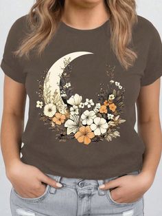 Coffee Brown Casual Collar Short Sleeve Knitted Fabric Floral,Galaxy,Plants  Embellished Slight Stretch  Women Plus Clothing Plus Size Summer Casual, Flower Moon, Hair Clothes, Plus Size Summer, Fabric Floral, Coffee Brown