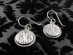 Monogrammed Sterling Silver Earrings, Personalized Rope Trimmed Silver, Engraved Initial Silver Earr Classic Engraved Silver Earrings, Classic Engraved Sterling Silver Earrings, Engraved Sterling Silver Earrings, Engraved Sterling Silver Round Earrings, Round Engraved Sterling Silver Earrings, Silver Engraved Round Earrings, Sterling Silver Initials Medallion Jewelry, Sterling Silver Medallion Jewelry With Initials, Silver Jewelry With Initials In Round Shape