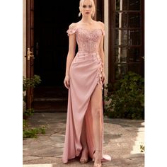 This Dreamy Gown Features A Fitted Off The Shoulder Lace Adorned Bodice And Floral Appliques. The Skirt Is A Gathered Soft Satin With High Thigh Slit Embellished With 3d Flowers And Beads. Color: Blush Dusty Pink Prom Dress, Cap Sleeve Prom Dress, Long Party Gowns, Dreamy Gowns, Corset Gown, Cinderella Divine, Mermaid Evening Gown, Off Shoulder Gown, 파티 �드레스