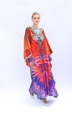 Unleash  the inner magic with new vibrant kaftan dress, inspired by the graceful wings of birds, floral print and the decorated highlight at neckline. This fancy and happy dress will brings you to a world of wonder, where you can fly free and embrace your unique beauty. The fabric is blended silk so the care is more easier with washing and iron, in addition less wrinkles. It's totally smoothly flowy, soft and gentle touch. Note: There is no crystal/bead/ or sequin on the neck line ( if you requi Bollywood Style Multicolor Maxi Dress For Festivals, Bohemian Multicolor Maxi Dress For Festivals, Elegant Multicolor Tunic Kaftan, Vibrant Maxi Length Kaftan For Spring, Bohemian Dress With Kimono Sleeves And Vibrant Print, Long Multicolor Kaftan For Festivals, Red Kaftan With Vibrant Print For Spring, Colorful Long Bohemian Dress, Traditional Multicolor Kaftan For Party