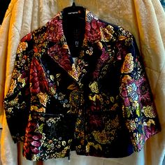 Woman Formal Short Jacket Formal Fall Floral Print Blazer, Elegant Floral Print Outerwear For Fall, Elegant Floral Print Fall Outerwear, Elegant Black Blazer With Floral Print, Formal Long Sleeve Floral Print Outerwear, Elegant Black Floral Print Blazer, Fitted Floral Print Winter Blazer, Fitted Floral Print Blazer For Winter, Elegant Multicolor Floral Print Outerwear