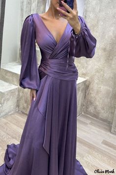 Olivia Mark - Elegant Silk Satin Evening Gown with Pleats for Brides Banquet Reception Purple Long Sleeve Maxi Dress For Banquet, Purple Long Sleeve Gown For Prom Season, Purple V-neck Wedding Gown, Purple Long Sleeve Mother Of The Bride Dress, Purple Long Sleeve Dress For Mother Of The Bride, Long Sleeve Purple Gown For Banquet, Purple Long Sleeve Banquet Gown, Long Sleeve Purple Banquet Gown, Purple Floor-length Maxi Dress For Banquet