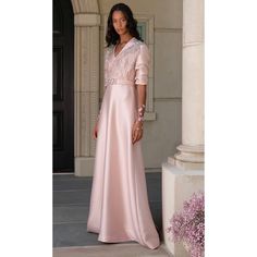 Reem Acra Elbow Length Sleeves, Vneck, Banded Waist, Back Zip, 100% Polyester, Line Thru Inside Label, Current In Stores, Gown Might Need A Light Press, Due To I Had It Folded In A Large Shopping Bag. C 41.5” W 35” H 49.5” L 66” Luxury Pre-draped Bias Cut Dresses, Pre-draped Bias Cut Maxi Gown, Luxury Cream A-line Maxi Dress, Reem Acra Gown, Pre-draped Evening Maxi Dress With Cape Sleeves, Reem Acra, Satin Gown, Elbow Length Sleeve, Satin