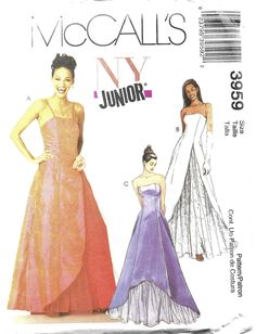 two women's gowns and one woman's evening dress sewing pattern from the 1970s