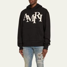 Amiri sweatshirt with staggered logo lettering across front Hooded neckline Pouch pocket Long sleeves Banded cuffs and hem Pullover style Cotton Lining: Tencel® lyocell Dry clean Made in Italy Amiri Sweatshirt, Travel Size Perfume, Cocktail Jacket, Lingerie Sleepwear, Letter Logo, Shoe Sale, Handbags On Sale, Black Hoodie, Pullover Styling