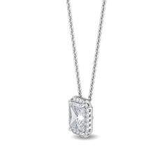 This Halo Pendant Lab Grown Diamond Necklace is sure to take your breath away. Featuring a radiant cut diamond, this lab grown necklace offers .93 ctw of sparkling brilliance. Get ready to dazzle with this timeless piece of jewelry. Center Stone: radiant cut lab grown diamond, .75 ct, F/G Color, VS1 Halo: round lab grown diamonds, .18 ct. 18", lobster clasp .93 carat total weight *This item is custom made just for you in your metal preference. *Please contact us prior to purchasing with any ques Luxury Diamond Necklace With Vvs Clarity And Emerald Cut, Luxury Emerald Cut Diamond Necklace With Vvs Clarity, Luxury Emerald-cut Diamond Necklace With Vvs Clarity, Classic Diamond White Baguette Cut Necklace, Formal Fine Jewelry Diamond Necklace With Rectangular Pendant, Formal Fine Jewelry Necklaces With Lab Grown Diamond, Formal Diamond Necklace With Rectangular Pendant, Formal Fine Jewelry Necklace With Lab Grown Diamond, Classic Formal Necklace With Rectangular Pendant