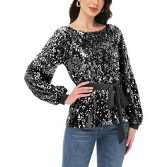 Step into the holiday season with style in the Anna-Kaci Women's Sequin Party Tie Waist Sweatshirt Pullover Top. This bedazzled pullover sweater features glittery sequins from top to bottom, combining festive sparkle with cozy comfort. With its round neckline, cuffed long sleeves, and relaxed fit, it's perfect for adding a touch of glamour to your winter wardrobe. Sequin Party, Puff Long Sleeves, Long Sleeve Sequin, Party Tops, Linen Women, Shop Blouses, Pullover Sweatshirts, Winter Wardrobe, Trending Shirts