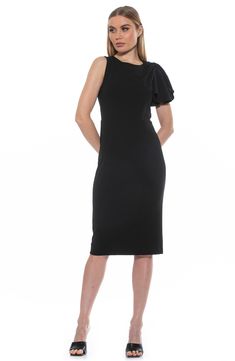 A draped sleeve cascades along a single side of this flattering sheath dress styled in a midi length. 43" length (size X-Small) Crewneck Single draped sleeve Lined 95% polyester, 5% spandex Machine wash, dry flat Imported Model stats: 5'10" height, 32" bust, 25" waist, 36" hip. Model is wearing size X-Small. Pre-draped Knee-length Evening Midi Dress, Formal Pre-draped Knee-length Midi Dress, Fitted Pre-draped Sheath Midi Dress, Fitted Pre-draped Asymmetrical Midi Dress, Black One-shoulder Dress With Draped Sleeves, Formal Ruched Bodycon Dress With Short Sleeves, Pre-draped Asymmetrical Midi Dress, Fitted Knee-length Pre-draped Dress, Knee-length Bodycon Midi Dress For Career