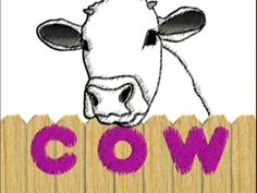 a drawing of a cow sticking its head over the top of a fence that says cows