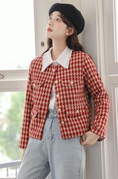 Round neck jacket made with a houndstooth tweed fabric and features stunning gold buttons and faux pockets. Lined. M: 16" across shoulders, 44.5" chest, 20.5" lengthL: 16.5" across shoulders, 46" chest, 21" lengthXL: 17" across shoulders, 47.5" chest, 21.5" length Winter Long Sleeve Tweed Jacket With Buttoned Pockets, Long Sleeve Tweed Jacket For Office, Long Sleeve Tweed Jacket With Buttoned Pockets For Work, Long Sleeve Tweed Jacket With Pockets For Office, Office Long Sleeve Tweed Jacket With Pockets, Single-breasted Tweed Button-up Outerwear, Fall Button-up Tweed Jacket With Buttoned Pockets, Fall Tweed Jacket With Buttoned Pockets For Work, Office Tweed Outerwear With Pockets