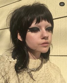 Arched Bangs, Goth Haircuts, Goth Haircut, Short Goth Hair With Bangs, 80s Goth Hairstyles, Goth Micro Bangs, Alternative Eye Makeup Goth, Punk Rock Hair, Pointed Bangs Goth