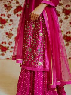 Editor's Note This set features a pink colored zardozi embroidered kurta with a skirt and dupatta. Color: Pink Fabric: Silk And Georgette Embroidery Details: Zardozi Care: Dry Clean Only Customize Your Outfit Can't find the size you're looking for? No stress. Just select the size "Custom" while adding the item to your cart. We will follow up with you for your body measurements. To request a color or design customizations, please contact our customer care by using our "Ask us a question" form or Festive Semi-stitched Palazzo Set With Dori Work, Art Silk Sharara With Dori Work And Straight Kurta, Pink Sharara With Straight Kurta For Transitional Seasons, Pink Palazzo Set With Resham Embroidery, Pink Palazzo Set With Resham Embroidery For Navratri, Pink Embroidered Palazzo Set In Chanderi, Pink Embroidered Chanderi Palazzo Set, Embroidered Pink Chanderi Palazzo Set, Embroidered Pink Palazzo Set In Chanderi