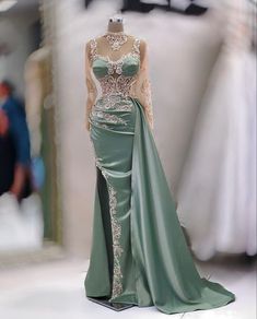 Green Sweep Train Dress For Prom Season, Green Dresses With Sweep Train For Banquet, Green Dress With Sweep Train For Banquet, Long Train Dress For Banquet And Prom Season, Green Floor-length Dress With Sweep Train, Green Gown With Sweep Train, Green Sweep Train Gown, Green Sweep Train Wedding Dress, Long Train Evening Dress For Prom Season