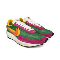 Nike x Sacai 'LD Waffle' low-top sneaker in beige suede with fuchsia pink, green, and yellow, white, and orange detailing. Features a see-through nylon upper, fuchsia pink leather heel with green logo, double logo swoosh, double flat laces in white, a double tongue, and white and black rubber sole. Includes box. Brand = Nike x Sacai Condition = 7/10, Good, discolouration to suede, rubber midsole, tongue, and laces Size = Men's 10.5 US Material = Nylon/Suede SKU = 3652-63 Green Running Sneakers With Rubber Waffle Outsoles, Multicolor Low-top Running Shoes With Contrast Sole, Green Low-top Sneakers With Vibram Sole, Pink Running Shoes With Rubber Waffle Outsoles For Streetwear, Green Running Shoes With Contrast Sole, Retro Green Low-top Sneakers, Green Sporty Custom Sneakers With Vibram Sole, Sporty Green Custom Sneakers With Vibram Sole, Green Low-top Running Shoes With Vulcanized Sole