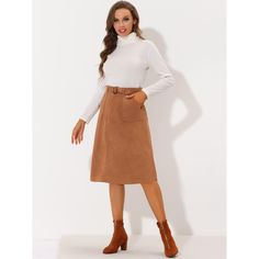 Bring a classic fall vibe to smart casual ensembles with this beautifully a-line belted skirt. Updating your wardrobe with this faux suede pocket skirt which features an A-line silhouette for a universal body shape. Merging feminine and modern styles, this skirt is made of stretchy faux suede, which is comfortable and chic for the fall/winter season. Matching timeless knitwear, a blouse, and retro leather boots or high heels for a smart feminine impression. Midi Skirt With Belt, Timeless Knitwear, Belted Skirt, Faux Leather Midi Skirt, Midi Skirt With Pockets, Pocket Skirt, Skirt With Belt, Leather Midi Skirt, Midi Length Skirts