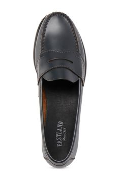 A classic loafer with penny slot strap and a low block heel constructed from a smooth polished leather with padded Ortholite(R) insole for maximum comfort.Sizing: True to size. M=medium width Flat Oxford Shoes, Trotters Shoes, Eastland Shoes, Grey Loafers, Comfortable Loafers, Heel Grips, Wedge Loafers, Loafer Women, Ankle Strap Flats