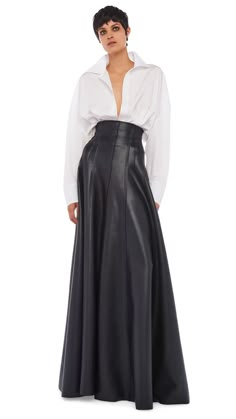 LONG GRACE SKIRT – Black – Norma Kamali Long Skirt High Boots, Edgy Jeans, Long Leather Skirt, Hobble Skirt, Leather Skirt Outfit, Long Skirt Fashion, Jean Skirts, Leather Outfits, Elegant Skirt