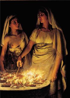 two women standing next to each other in front of a fire