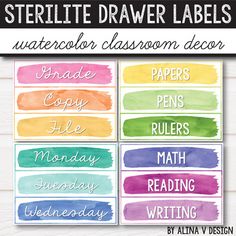 watercolor classroom labels with the names of different types of writing and numbers on them