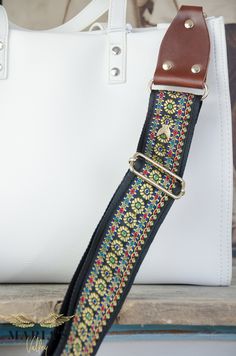 "Interchangeable straps for use with any type of bag. The idea of creation come from guitar straps. Mark a different style and create an original complement to your wardrobe. Our straps are the perfect complement to your favorite bag! Just click on one to add a vintage or Boho touch to any handbags! The adjustable length allows you to carry your bag casually on your shoulder or through your body. This handmade vintage handbag strap is incredibly comfortable and durable. Customize your handbag st Adjustable Bag Strap For Daily Use, Adjustable Multicolor Shoulder Strap For Everyday Use, Adjustable Leather Crossbody Strap, Multicolor Adjustable Shoulder Strap For Everyday Use, Adjustable Rectangular Bag Strap For Daily Use, Black Leather Bag Strap For Fashion Accessories, Black Leather Bag Strap Fashion Accessory, Adjustable Leather Bag Strap For Daily Use, Adjustable Bag Strap For Everyday Use