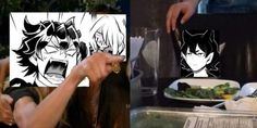 two pictures one with an anime character and the other has food in front of it