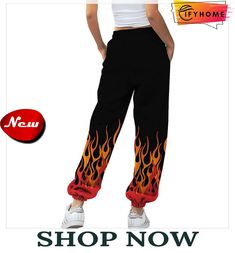 Women's Sweatpants Pants Trousers Black Mid Waist Fashion Streetwear Casual Daily Print Micro-elastic Full Length Breathable Flame S M L Xl Xxl Hip Hop High Waist Winter Bottoms, Hip Hop Style Relaxed Fit Sweatpants, Baggy Bottoms For Fall Leisure, Winter Black Harem Pants, Baggy Black Joggers For Spring, Hip Hop High Waist Bottoms For Fall, Hip Hop Style Stretch Full-length Sweatpants, Non-stretch Sweatpants With Elastic Waistband For Leisure, Hip Hop Style Stretch Full-length Pants