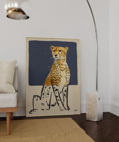 a painting of a cheetah sitting on the floor next to a chair and lamp