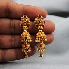 Purity is - 22kt Gold. the work on this jewelry is pure handmade and I personally make them beautiful. we have more collection and list daily. I take custom order too. Jumka Gold Designs, Wedding Dangle Earrings, Gold Jhumka, Delicate Gold Jewelry, Gold Jhumka Earrings, Gold Jewels Design, Women Products, Bridal Jewelery, Gold Earrings Models