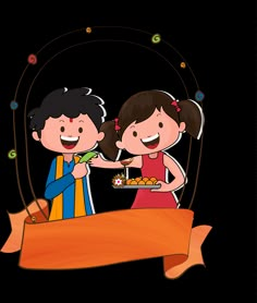 a boy and girl are eating food from a plate with an orange ribbon around it