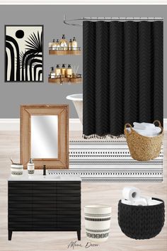 Sophisticated Boho Bathroom Ideas Bathroom Mood Board, Latest Bathroom, Boho Shower Curtain, Bathroom Idea, Black Boho, Boho Bathroom, Black Bathroom, A Black, Bathroom Design