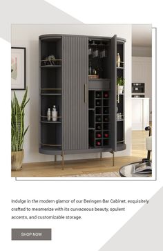 an advertisement for a bar cabinet with wine glasses on the door and shelves below it