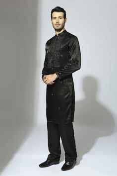 Black straight kurta with mirror-like embroidery and thread work around the placket and butti spread all-over. Comes with pant. - Aza Fashions Festive Straight Kurta Pant Set With Mirror Work, Traditional Lawn Suit With Mirror Work For Formal Occasions, Traditional Lawn Suit With Mirror Work For Formal Events, Traditional Formal Lawn Suit With Mirror Work, Formal Unstitched Kurta With Mirror Work, Formal Kurta With Mirror Work For Eid, Formal Straight Kurta With Mirror Work, Eid Chanderi Pant Set With Mirror Work, Festive Traditional Pant Set With Mirror Work