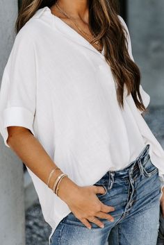 White Short Sleeve Button Solid Shirt Puff Sleeves Blouse, Striped Short Sleeve Shirt, Wholesale Shirts, Work Trousers, Casual Summer Tops, White Short, Who What Wear, Striped Shirt, Distressed Denim