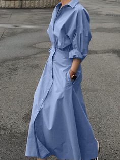 2023 Fashion Female A Line Robe Solid Lapel Vestidos Women Casual Long Sleeve Dresses Elegant Maxi Shirt Dress Oversized Item Type:DressMaterial:95% Polyester+5% SpandexColors:Blue,Khaki,BlackPackage include:1 DressCutting:FittingLength:Maxi LengthCollar:Turn-Down-CollarSleeve Style:RegularSleeve Length:Full SleeveClosure Type:ButtonsFeatures:Side PocketsPattern:SolidThickness:StandardStyle:Casual,Street Fashion,PreppySeason:Spring,AutumnOccasion:Daily,Party,Office,Holiday,Casual,Wedding,Busines