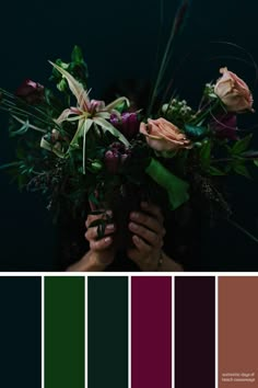 a woman holding a bouquet of flowers in front of her face and color swatches