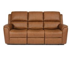 a brown leather couch with two reclinings on the back and one arm facing forward